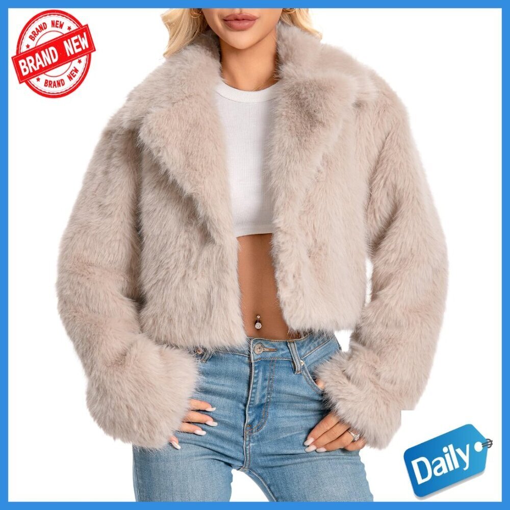 Plus Size Cropped Faux Fur Jacket, Fuzzy Winter Coat for Women